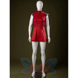 Ahsoka Tano cosplay dress front view keeps the sleeveless red tunic clean above the short skirt.