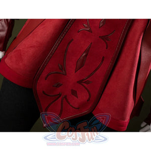 Ahsoka Tano cosplay skirt panel detail layers red fabric with black edge trim and dark embroidery.