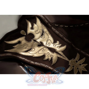 Amber cosplay bodysuit embroidery detail shows gold leaf patterns raised over glossy brown fabric.