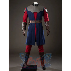 Anakin Skywalker cosplay costume front view anchors brown arm guards beside the layered blue tunic.