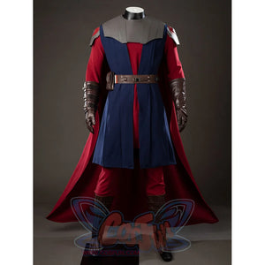 Anakin Skywalker cosplay costume front view balances red cape folds with blue tunic and gray armor.