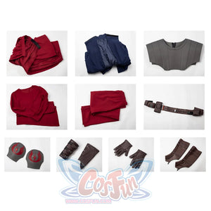 Anakin Skywalker cosplay costume full set flat lay gathers cape tunic armor belt gloves and shoe covers.