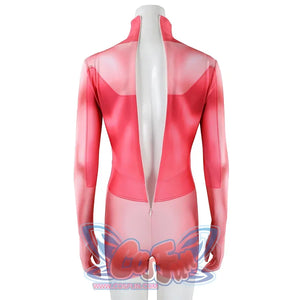 Back detail of Atom Eve cosplay costume from Invincible with high collar, pink panels, and center seam