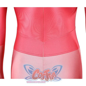Back waist detail of Atom Eve cosplay costume from Invincible with pink hip panel and center seam