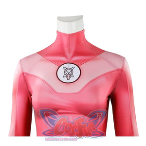 Close-up of Atom Eve cosplay costume from Invincible chest with high collar and circular emblem