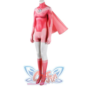 Angled view of Atom Eve cosplay costume from Invincible with pink jumpsuit, shawl, white legs, and socks
