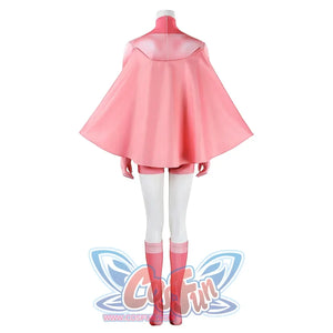 Back view of Atom Eve cosplay costume from Invincible with wide pink shawl, white legs, and red socks