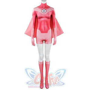 Front view of Atom Eve cosplay costume from Invincible with pink jumpsuit, shawl, white legs, and socks
