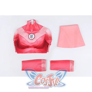 Flat lay of Atom Eve cosplay costume from Invincible with jumpsuit, pink shawl, and red sock pieces