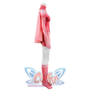 Side view of Atom Eve cosplay costume from Invincible with pink jumpsuit, draped shawl, and foot cover