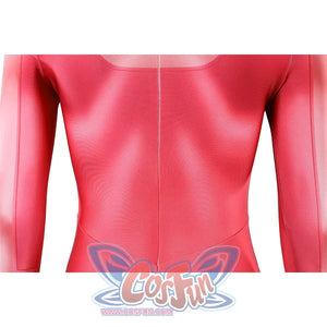 Front torso detail of Atom Eve cosplay costume from Invincible with pink chest print, waist line, and sleeves