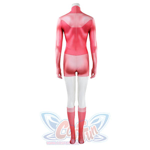 Back view of Atom Eve cosplay costume from Invincible jumpsuit with pink back panels, white legs, and socks