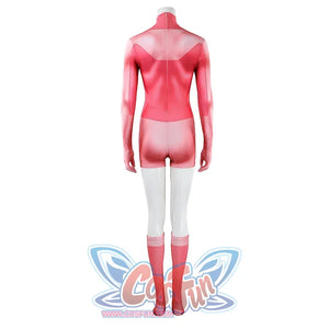 Back view of Atom Eve cosplay costume from Invincible jumpsuit with pink back panels, white legs, and socks