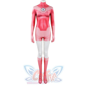 Front view of Atom Eve cosplay costume from Invincible jumpsuit with pink body, white legs, and socks
