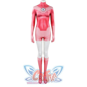 Front view of Atom Eve cosplay costume from Invincible jumpsuit with pink body, white legs, and socks