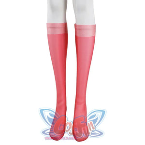 Lower leg detail of Atom Eve cosplay costume from Invincible with white legs and red pink sock covers