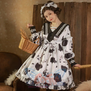 Lovely Cow Printed Lolita Long Sleeve Dress - cosfun