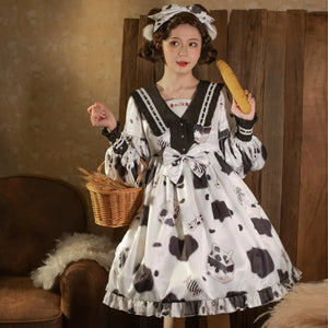 Lovely Cow Printed Lolita Long Sleeve Dress - cosfun