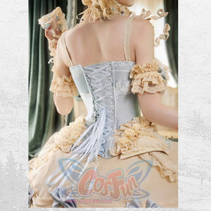 Back view of the corset top showing pale blue lacing, fitted waist, and ruffled shoulder details