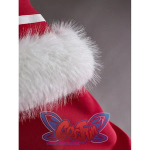 Beatrice cosplay capelet trim detail with soft white pile beside deep red fabric.