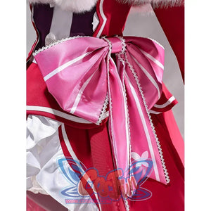 Beatrice cosplay waist bow detail with glossy pink loops above striped tails edged in narrow lace.