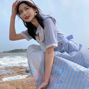 Summer Color Blocking Stripe Short-sleeved Dress - cosfun