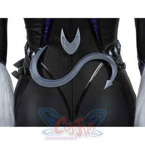 Black Cat Felicia Hardy cosplay back decoration detail shows the silver-tone curved tail piece over black panels