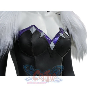 Black Cat Felicia Hardy cosplay bodysuit chest detail layers metallic purple trim over black panels