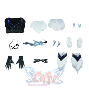 Black Cat Felicia Hardy cosplay costume flat lay arranges the bodysuit alongside mask, gloves, fur pieces and accessories