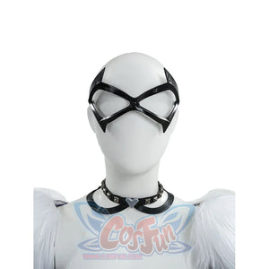 Black Cat Felicia Hardy cosplay mask and neck accessory close-up shows black eye frames and silver-tone studs