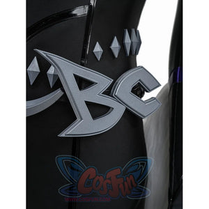 Black Cat Felicia Hardy cosplay waist accessory close-up focuses on the silver-tone letter emblem and diamond studs