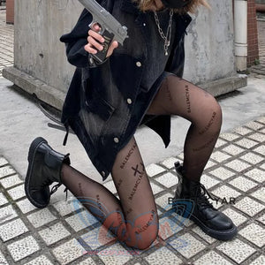 Black Letter Stockings Silk Print Sexy Socks Jk Thin Pantyhose For Women B-Black / One Size