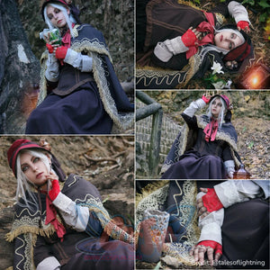 Bloodborne The Doll cosplay costume collage frames the lace cloak around a red bow and fingerless gloves.