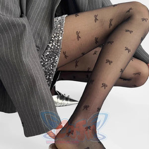 Brown sheer summer tights with bow patterns styled with business outfit, Lolita fashion