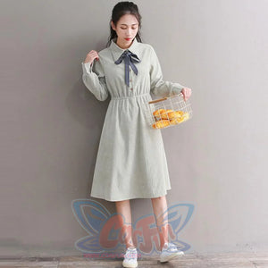 Bow Tie Button Corduroy Shirt One-Piece Dress J10003