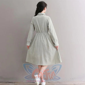 Bow Tie Button Corduroy Shirt One-Piece Dress J10003