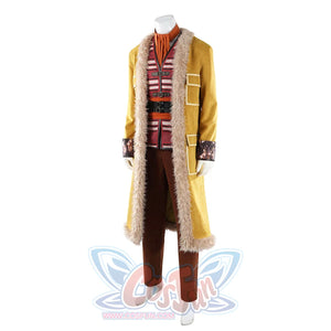 Buggy the Star Clown cosplay costume angled front view frames the fur-trimmed coat over the striped vest