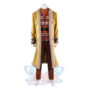 Buggy the Star Clown cosplay costume highlights an open yellow coat framing the striped vest and brown pants