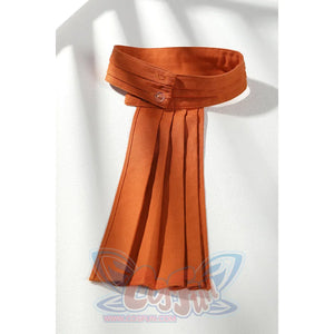 Buggy the Star Clown cosplay orange scarf detail shows the folded neck wrap and long pleated tail