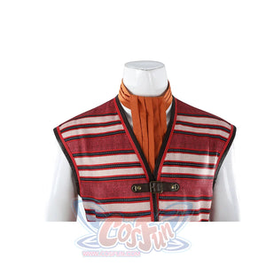 Buggy the Star Clown cosplay vest close-up highlights red striped panels accented by the orange scarf