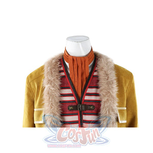 Buggy the Star Clown cosplay costume upper detail frames the striped vest beneath the fur-trimmed coat