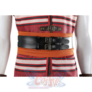 Buggy the Star Clown cosplay waist seal front detail layers black double-buckle straps over orange fabric