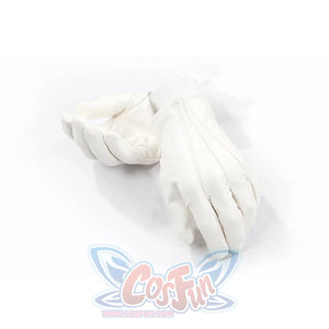 Buggy the Star Clown cosplay white gloves are laid together with soft fingers tapering to wrist openings