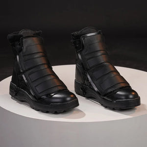 Bullseye Lester cosplay boots angled view layers black ankle straps above blue front panels