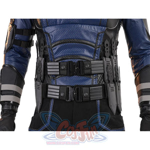 Bullseye Lester cosplay costume waist harness detail anchors black belts across blue side armor