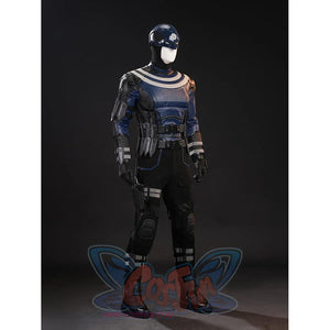 Bullseye Lester cosplay costume three-quarter view balances blue chest armor and black strapped panels