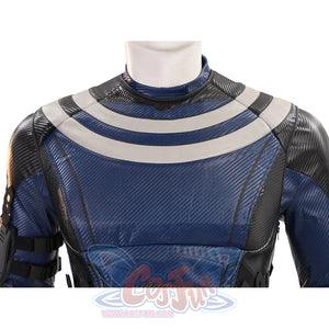 Bullseye Lester cosplay costume chest collar detail sets white stripes around blue and black armor panels