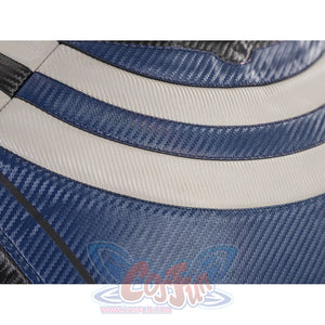 Bullseye Lester cosplay costume fabric detail zooms into white stripes over blue textured shoulder panels