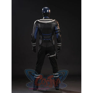 Bullseye Lester cosplay costume back view frames black rear panels below blue sleeve armor and striped calf bands