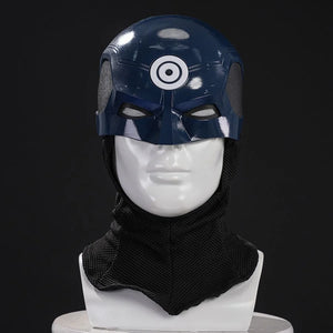 COSFUN Bullseye Lester cosplay helmet front view pairs a blue target-marked shell with a black cowl
